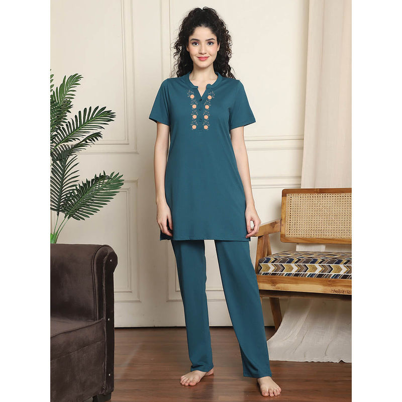 Indreams Teal Embroidered Long Top & Pyjama (Set of 2) (3XL)