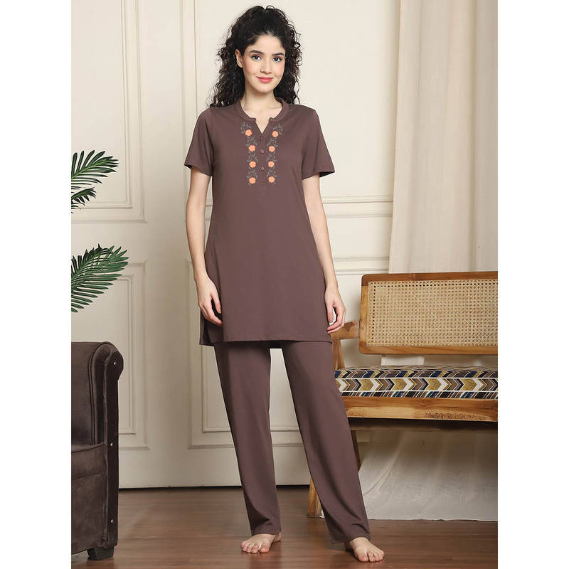 Indreams Brown Embroidered Long Top & Pyjama (Set of 2) (M)