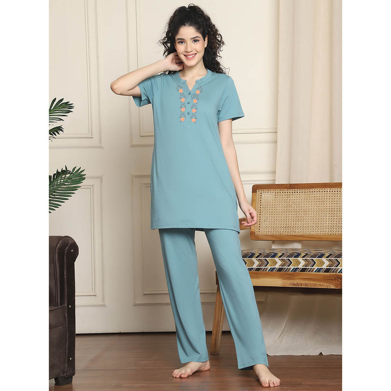 Indreams Blue Embroidered Long Top & Pyjama (Set of 2) (M)