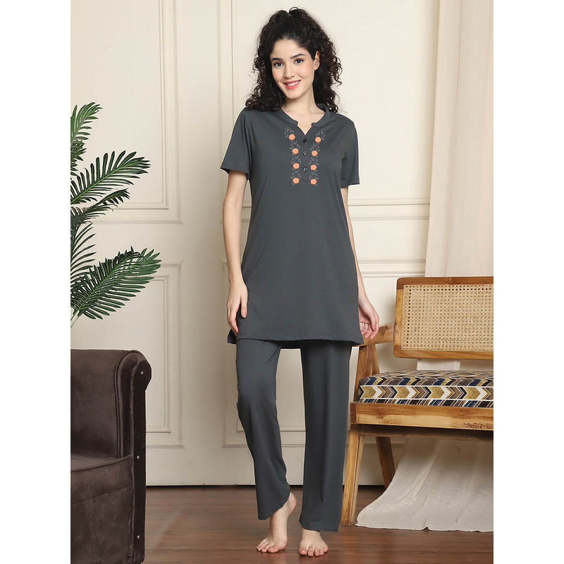 Indreams Grey Embroidered Long Top & Pyjama (Set of 2) (M)