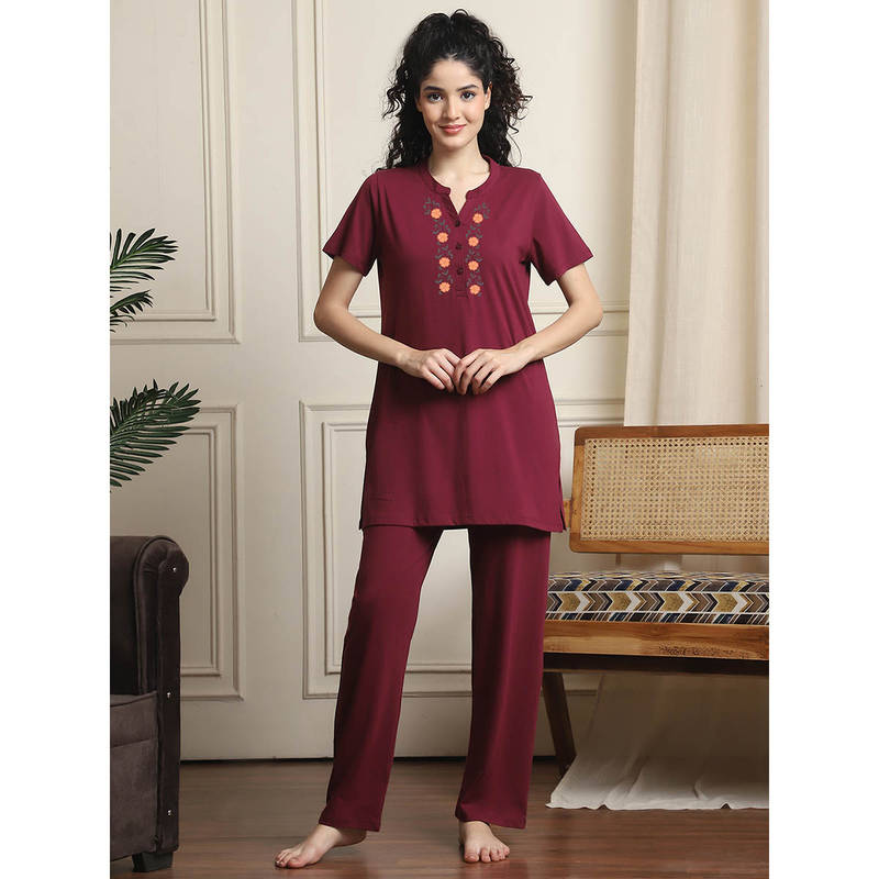 Indreams Maroon Embroidered Long Top & Pyjama (Set of 2) (M)