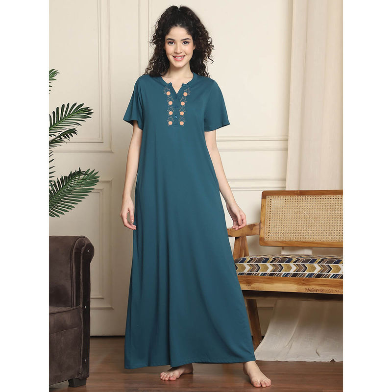 Indreams Teal Embroidered Long Night Dress (L)