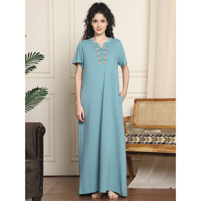 Indreams Blue Embroidered Long Night Dress (3XL)