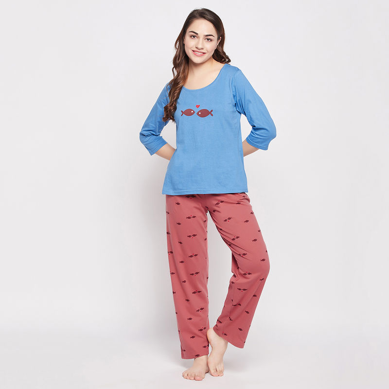 Clovia Pretty Printed Top & Pyjama Set - 100 Percent Cotton -Blue (L)