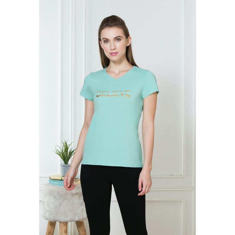 Van Heusen Woman Lingerie and Athleisure Green Printed V Neck T-Shirt (S)