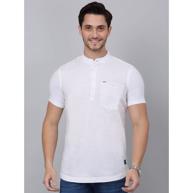 Cantabil Men White Solid Mandarin Collar Half Sleeves Kurta (M)