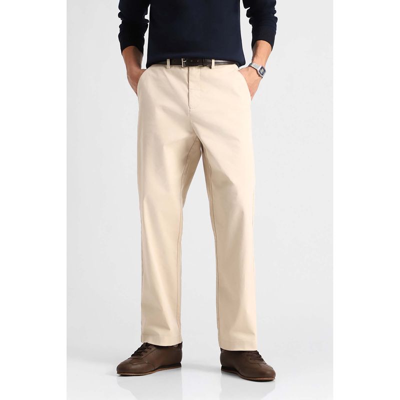 Snitch Beige Plain Relaxed Casual Trouser for Men (28)