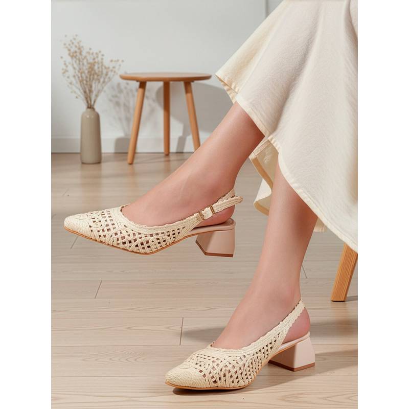 Carlton London Women Beige Woven Textured Slingback Heels (EURO 36)