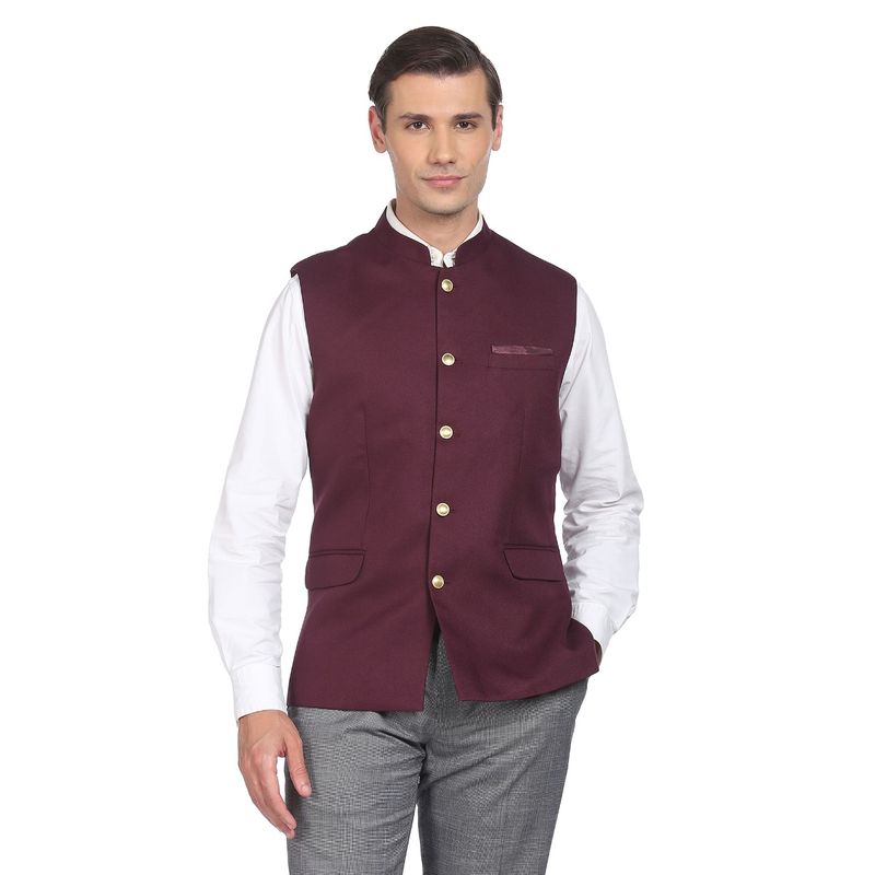 AD By Arvind Men Wine Textured Tailored Regular Fit Nehru Jacket (40)