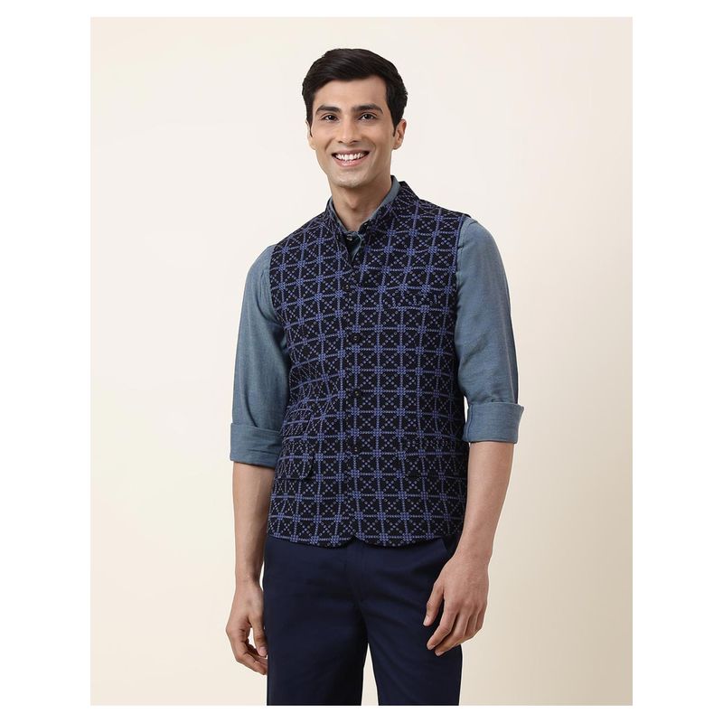 Fabindia Light Blue Cotton Printed Slim Fit Nehru Jacket (XS)