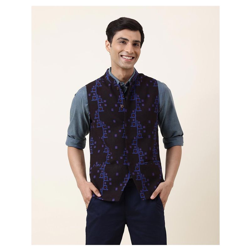 Fabindia Black Cotton Printed Slim Fit Nehru Jacket (XS)