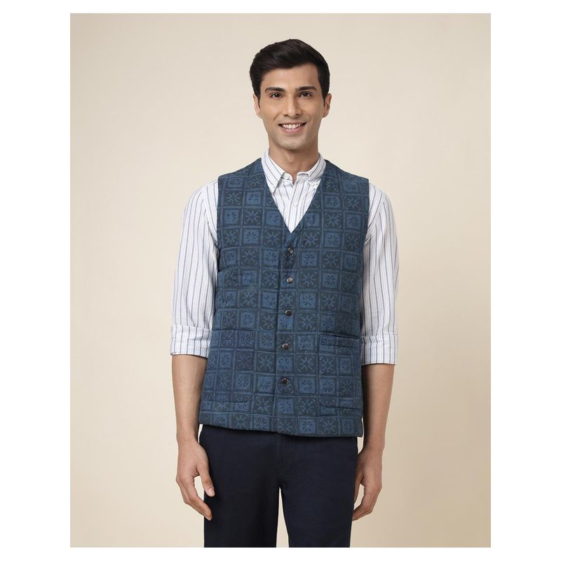 Fabindia Blue Cotton Quilting Slim Fit Nehru Jacket (XS)