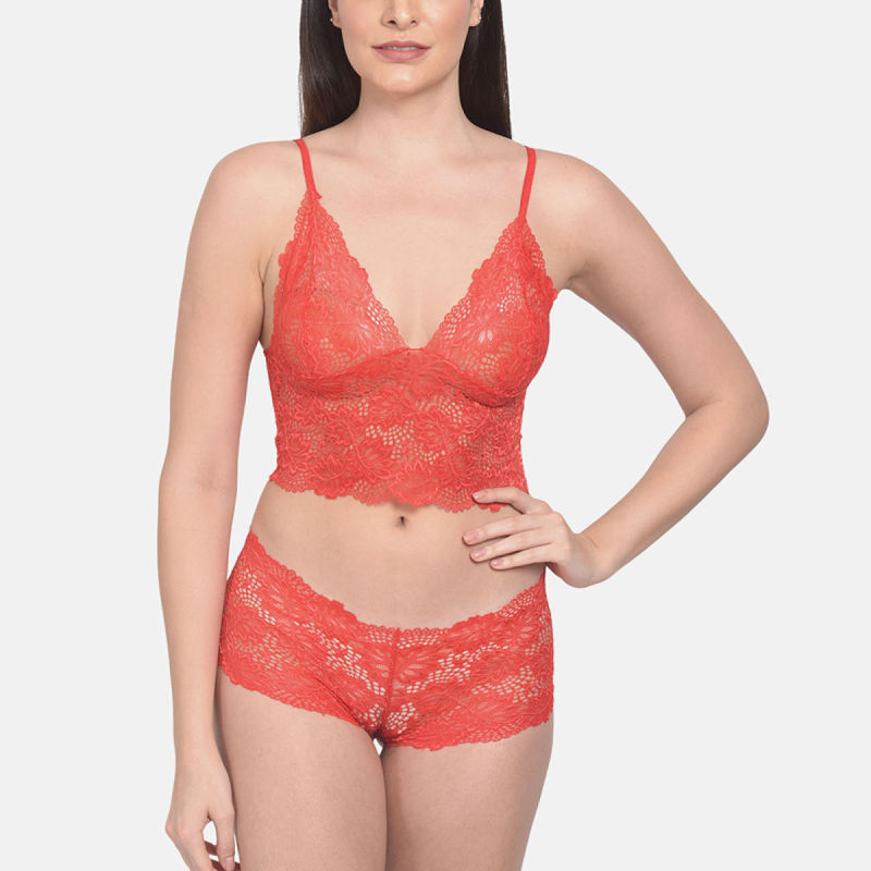 Mod & Shy Women'S Soft Net Polyester Honeymoon Nightwear Super Soft Lingerie Set - Red (32B)