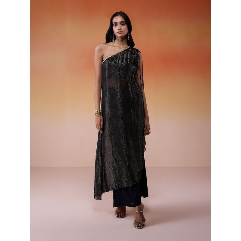 Gajra Gang Bonjour Baegum Black Georgette lurex Asymmetric kurta set GGBBWS01 (Set of 3)(XL)