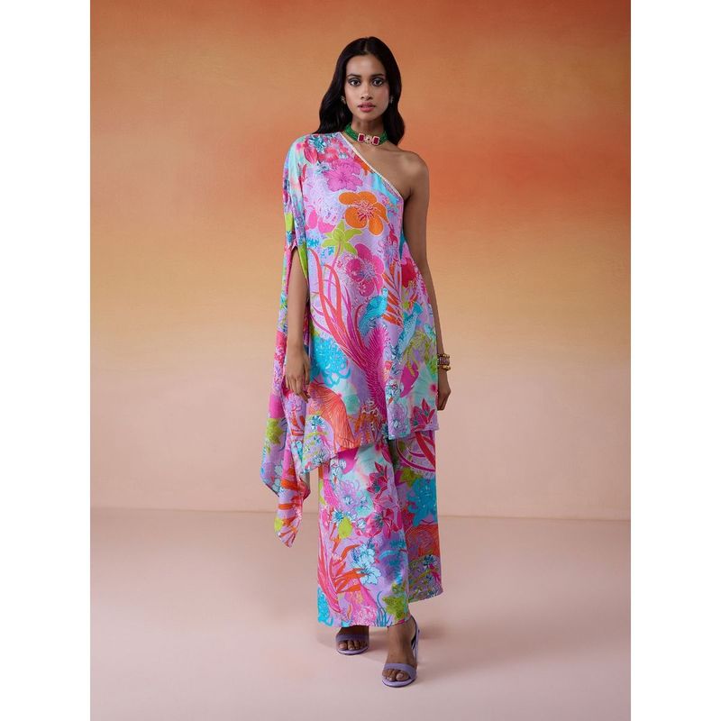 Gajra Gang Bonjour Baegum Multicolor Lilac Modal Muslin Assymetrical Kurta Set GGBBKS05 (XS)