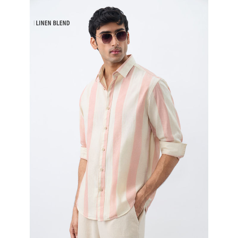 The Souled Store Pink Cotton-Linen Stripes Coral Men Cotton Linen Shirt (L)