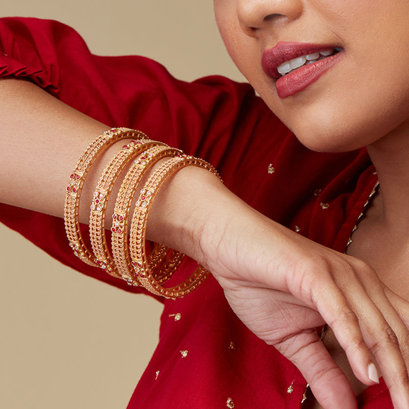 Azai by Nykaa Fashion Traditional Gold and Pink Stone Studded Patterned Bangles (2 Pair) (2.8)