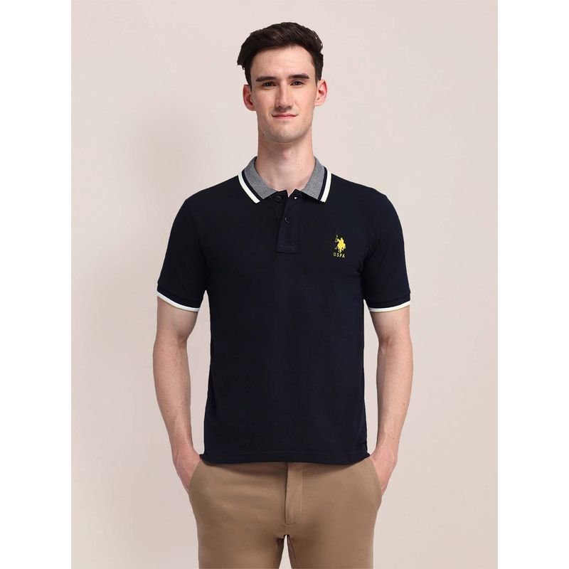U.S. POLO ASSN. Men Navy Blue Solid Cotton Polo T-shirt (L)