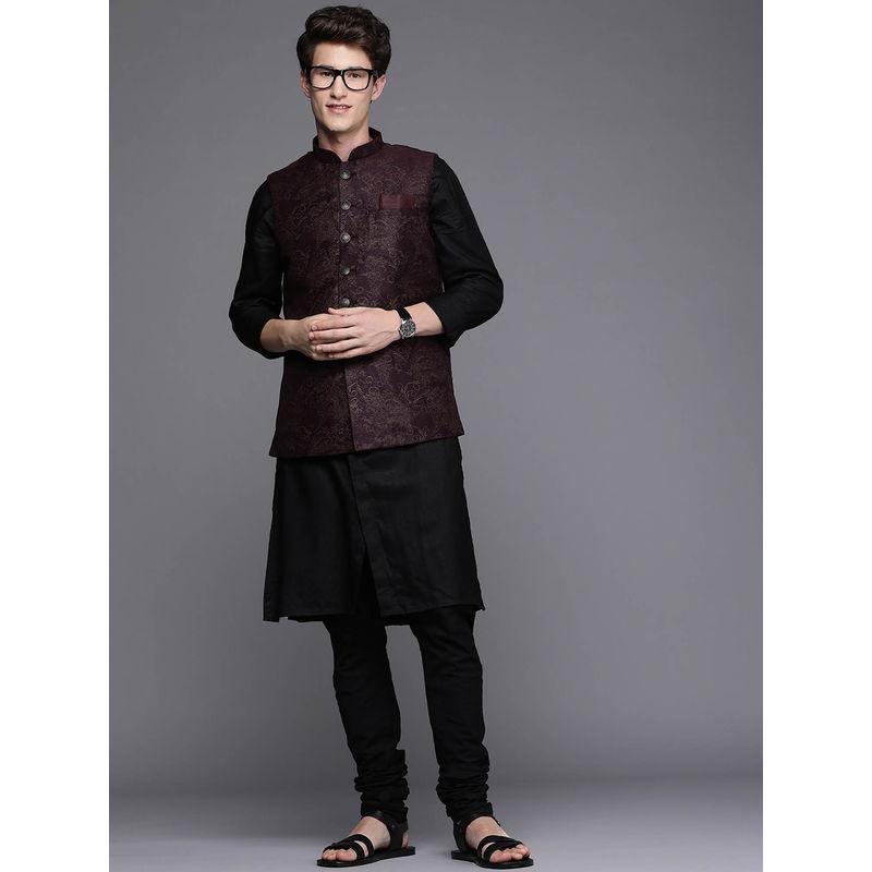 Manyavar Wine Self Design Regular Nehru Jacket (3XL)