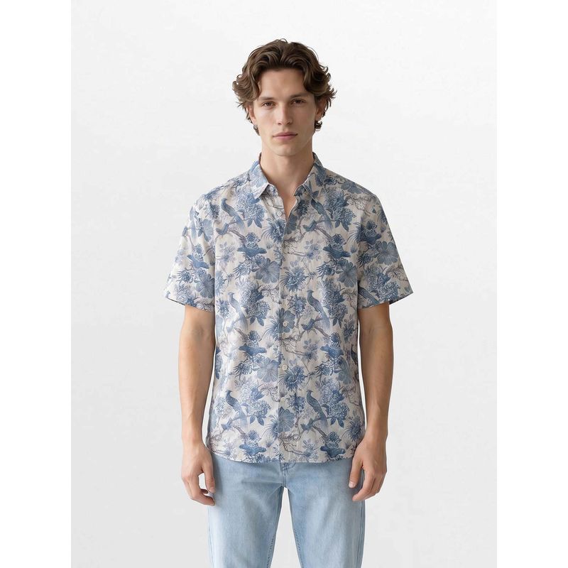 THE BEAR HOUSE Men's Relaxed Fit Floral and Bird Printed Linen Blend Casual Shirt (L)