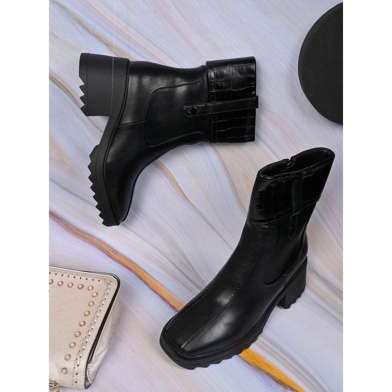 Ronnie Grey Women Black Solid Mid-Top Chunky Boots (EURO 37)