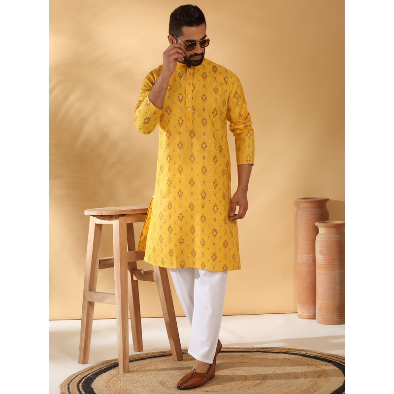 Kraft India Cotton Blend Geometric Printed Yellow Kurta and Pyjamas (Set of 2) (40)