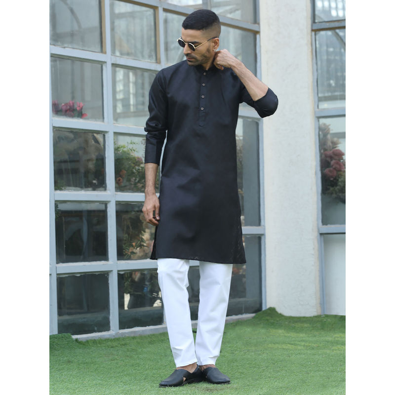 Kraft India Cotton Blend Woven Self Desing Black Kurta and Pyjamas (Set of 2) (40)