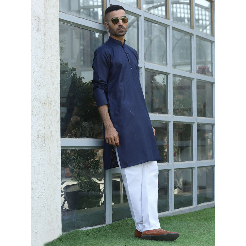 Kraft India Cotton Blend Woven Self Desing Navy Blue Kurta and Pyjamas (Set of 2) (40)