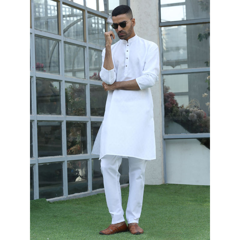 Kraft India Cotton Blend Woven Self Desing White Kurta and Pyjamas (Set of 2) (36)