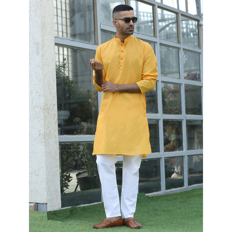 Kraft India Cotton Blend Woven Self Desing Yellow Kurta and Pyjamas (Set of 2) (36)