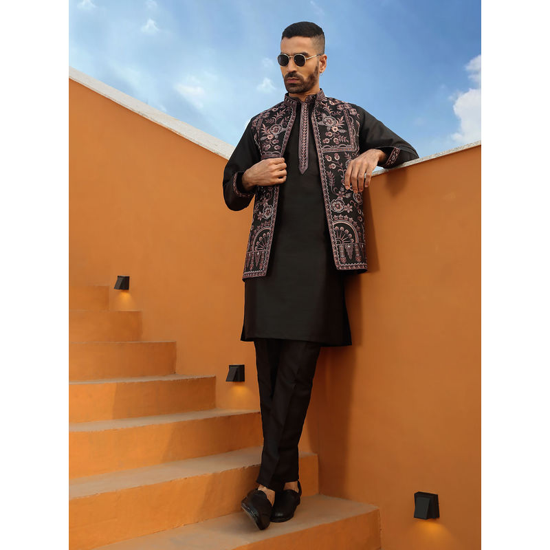 KRAFT INDIA LUXE Embroidered Cotton Silk Black Kurta With Trouser and Nehru Jacket (Set of 3) (36)