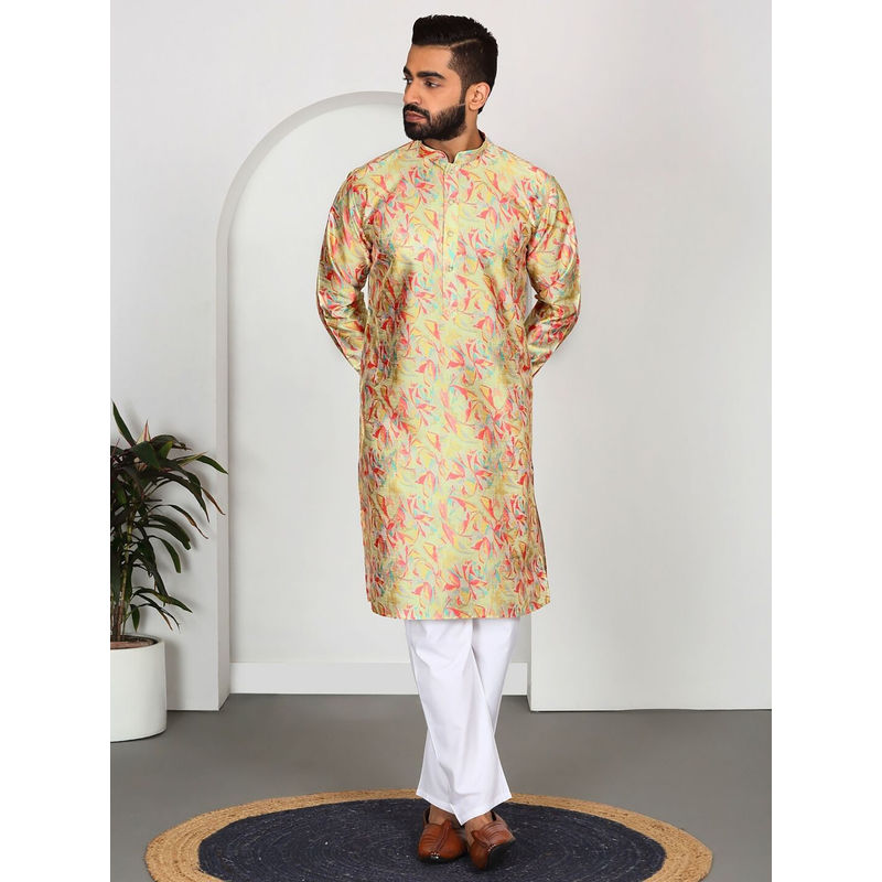 Kraft India Silk Blend Floral Printed Lime Yellow Kurta and Pyjamas (Set of 2) (38)