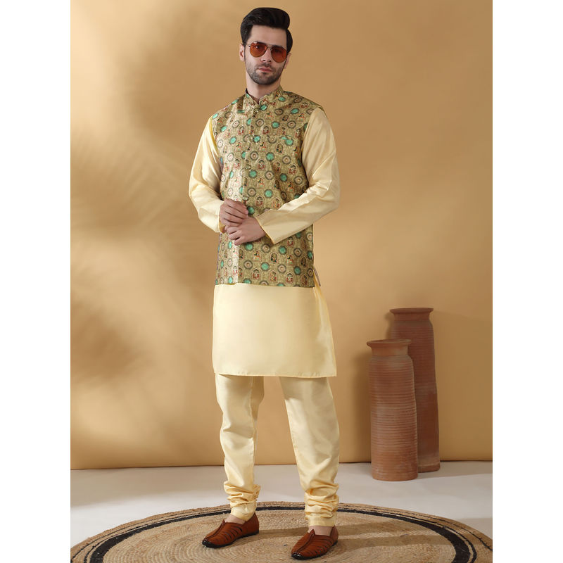Maroon Kurta Churidar with Golden Designer Digital Print Nehru Jacket