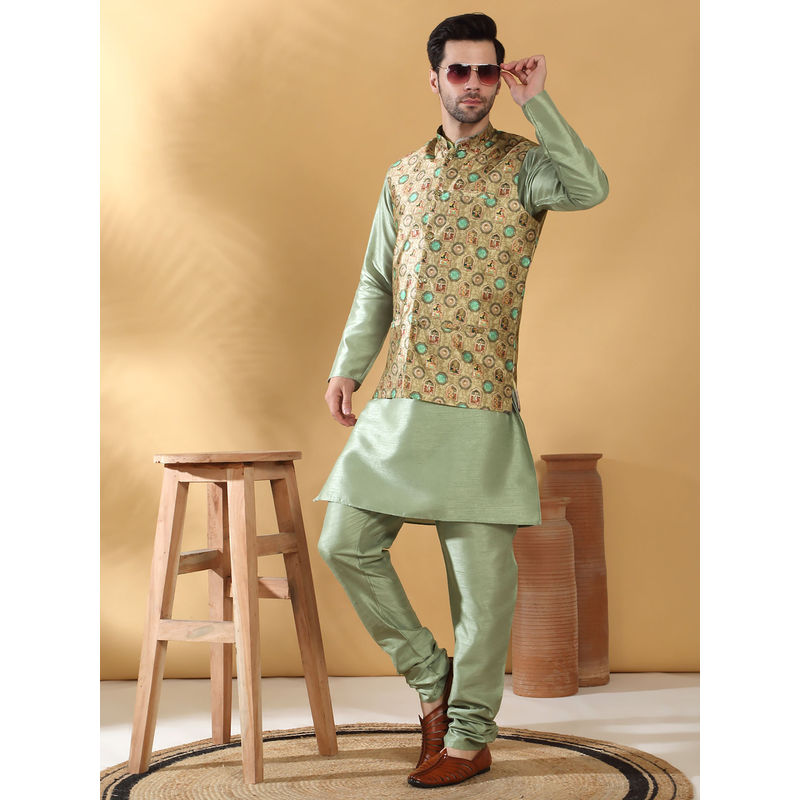 Kraft India Silk Blend Olive Green Kurta Churidar with Printed Nehru Jacket (Set of 3) (36)