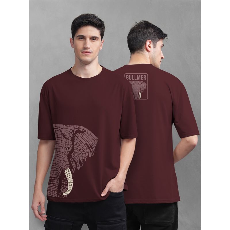 BULLMER Men Wine Cotton Front and Back Printed Oversized T-Shirt (M)