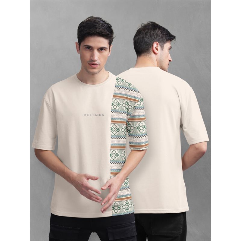 BULLMER Men Beige Cotton Front and Back Printed Oversized T-Shirt (XL)