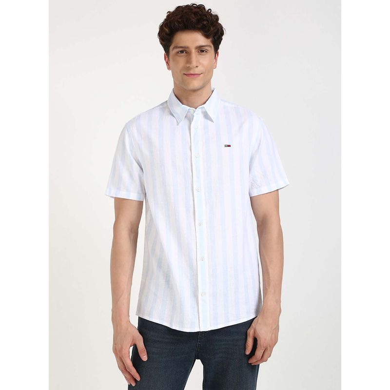 Tommy Hilfiger Men White Collar Neck Stripes Shirt (S)