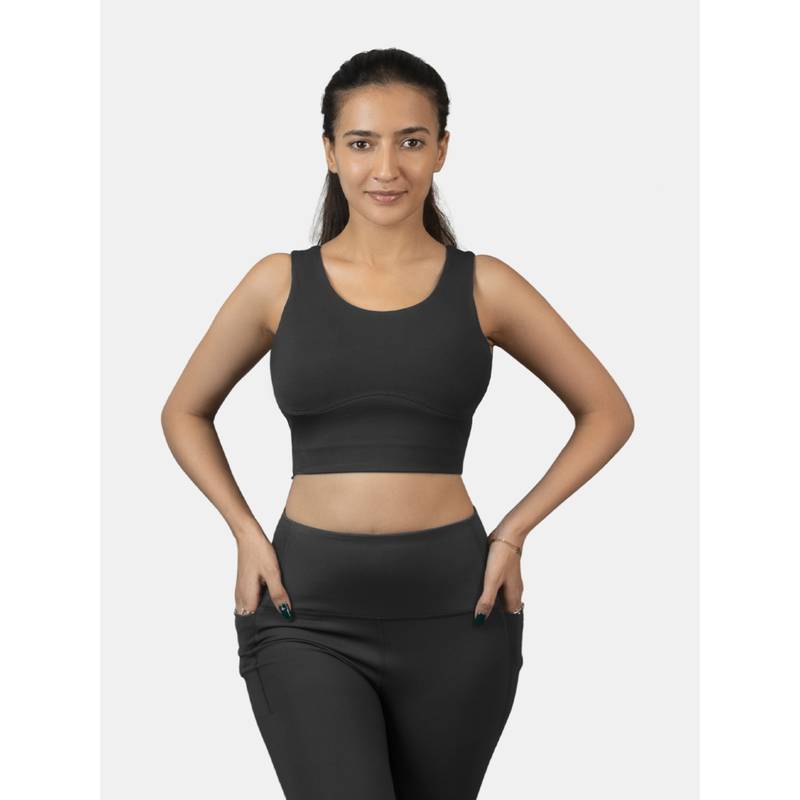 STRCH Womens Nylon Showstopper Cross-Back Medium Support Sports Bra- Black (XS)