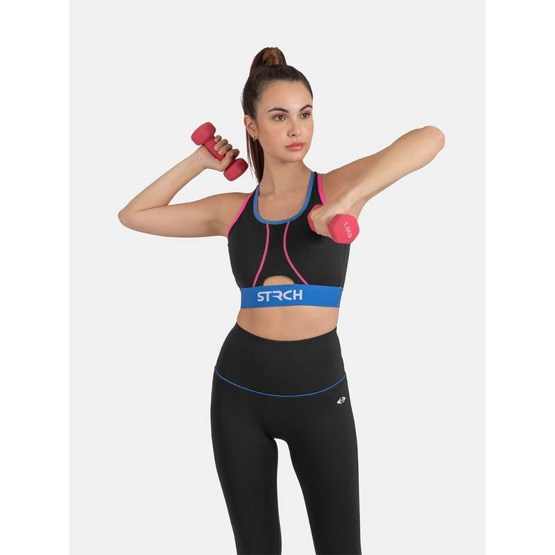 STRCH Womens Nylon Adjustable Crossover Flex Sports Bra- Black (XL)
