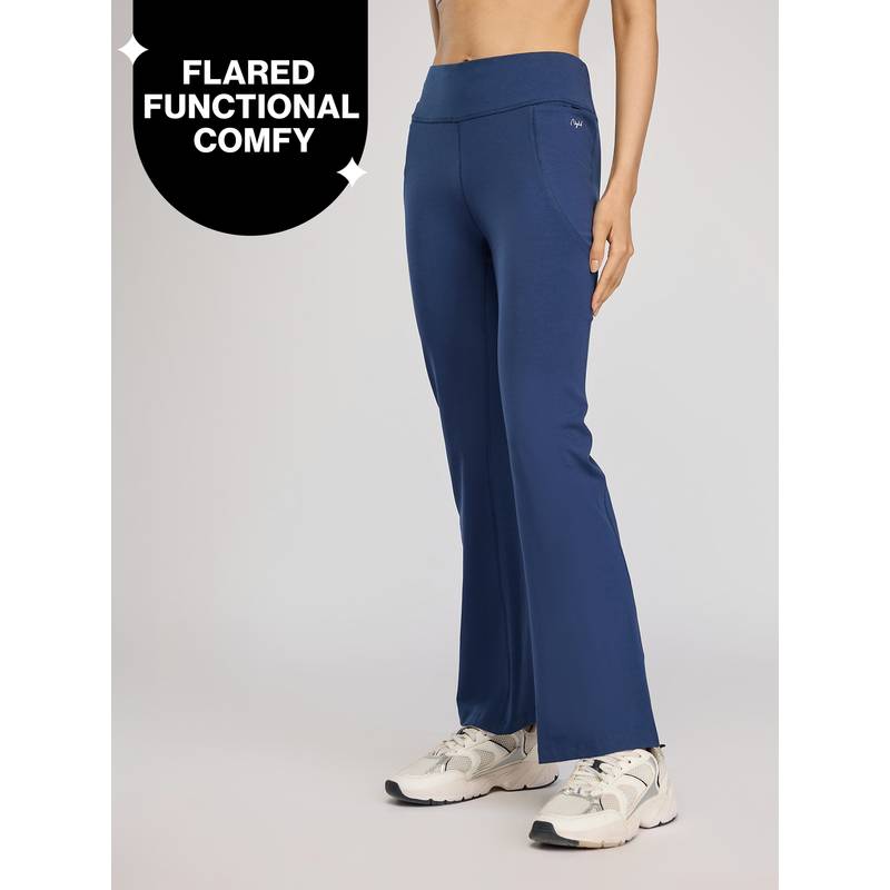 Ultimate Cotton Flare Leggings with Anti-Slip Waist & Pockets NYAT503 Blue (M)