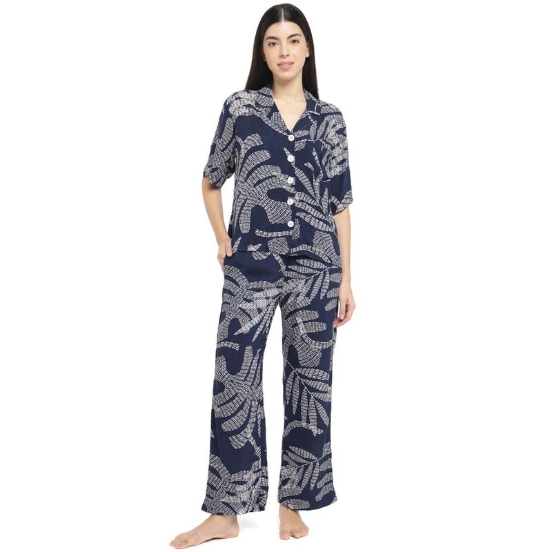 Dear Bed Comfort Clothing Blue Floral Over Sized Shirt & Pyjama Lounge Set for Women (S)