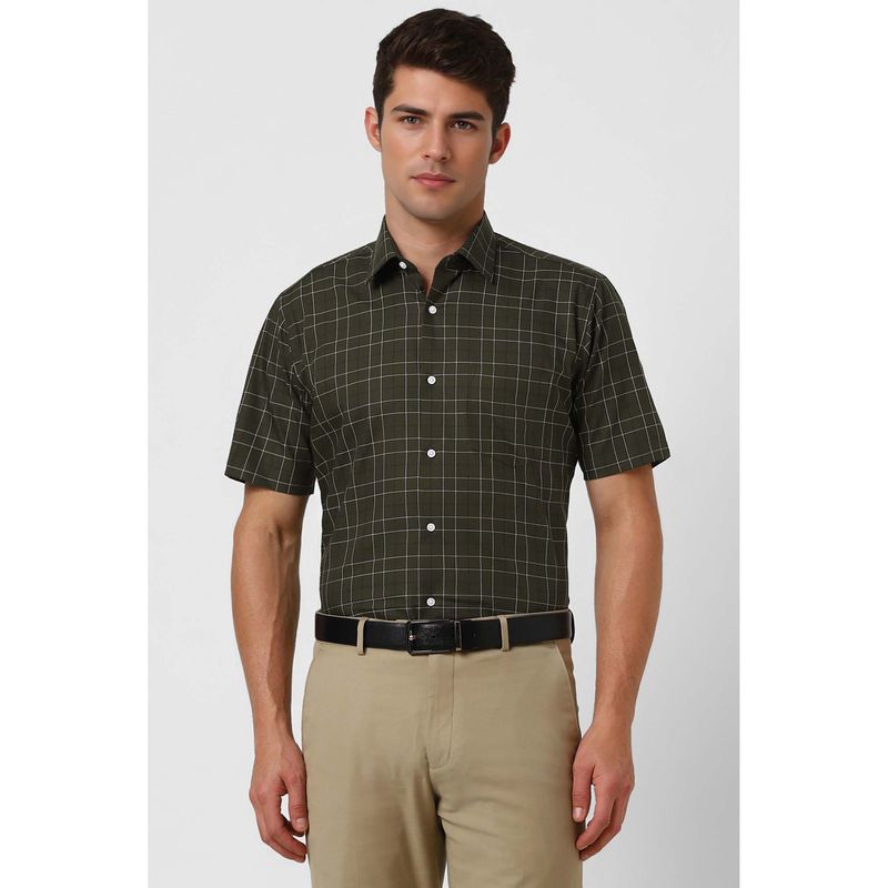Van Heusen Men Olive Regular Fit Check Half Sleeves Wedding Shirt (38)