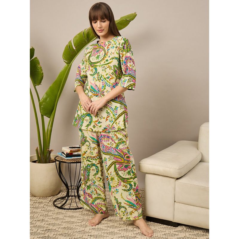 July Nightwear Cotton Green Printed Short Top and Pyjama (Set of 2) (S)