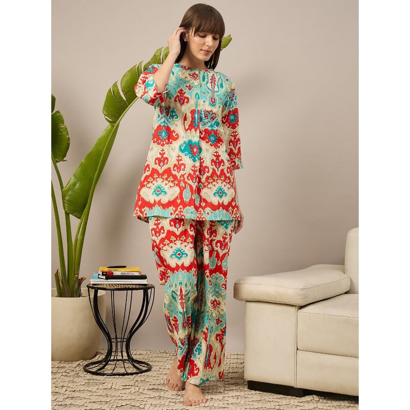 July Nightwear Cotton Multi-Color Printed Top with Pyjama (Set of 2) (S)