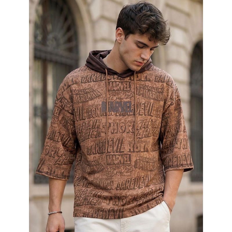 Bewakoof Marvel Men's Brown All Over Printed Oversized Hoodie T-Shirt (M)