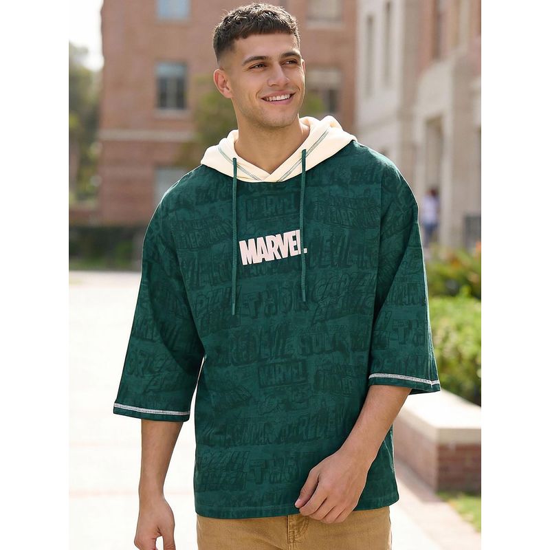 Bewakoof Marvel Men's Forest Green Marvel All Over Printed Oversized Hoodie T-Shirt (M)