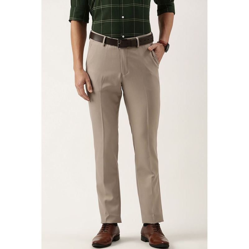Peter England Men Beige Textured Slim Fit Formal Trousers (30)