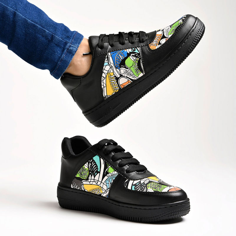 Shoetopia Lace-up Printed Detail Black Sneakers (EURO 39)