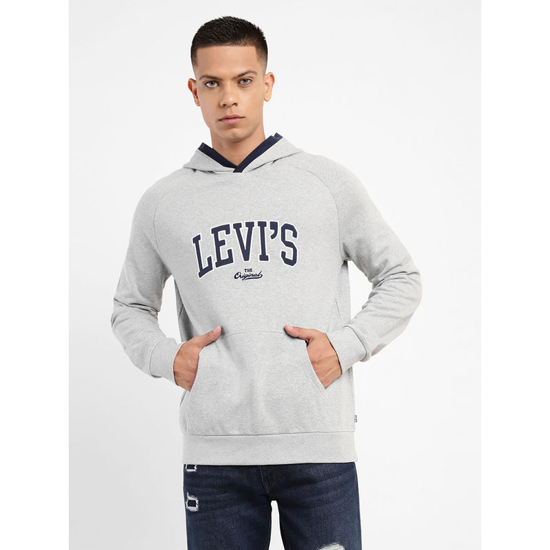 Levi's Men's Grey Embroidered Brand Logo Grey Melange Hooded Full Sleeve Hoodie (M)