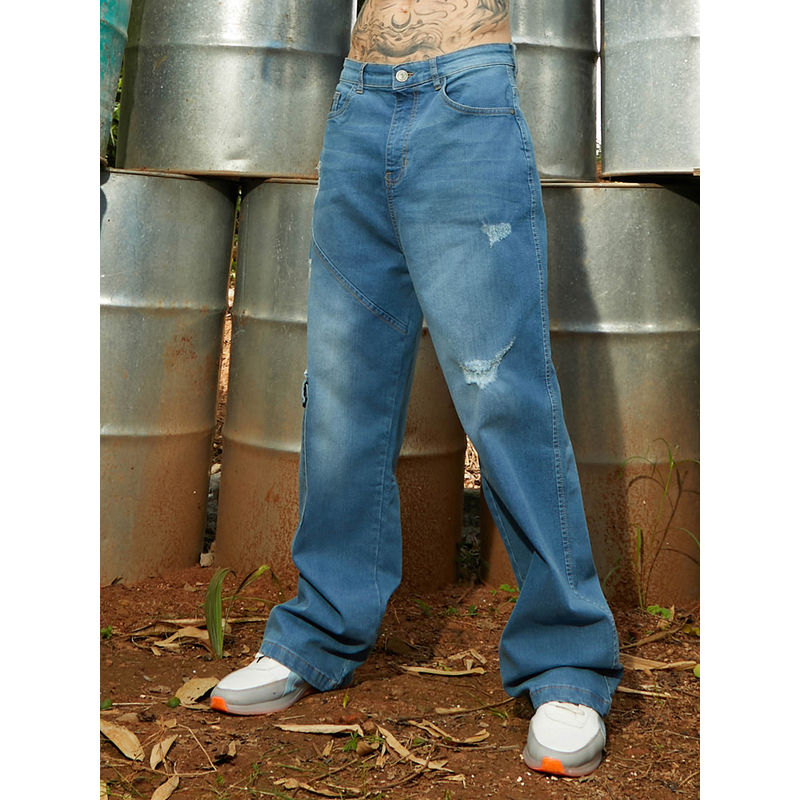 Campus Sutra Mens Light Blue Asymmetrical Stitch Denim Jeans (30)